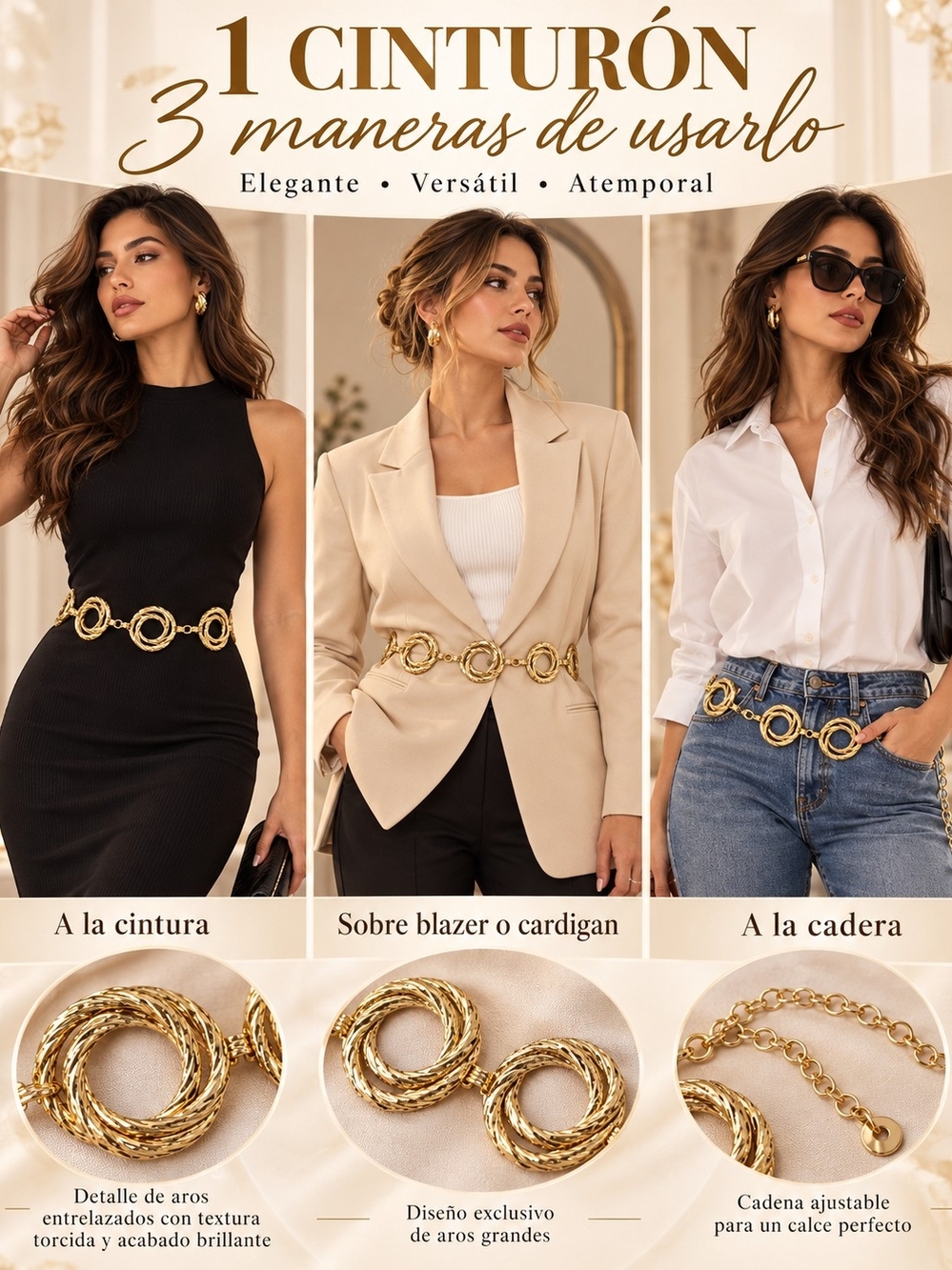Gold Interlinked Circle Chain Belt for Women